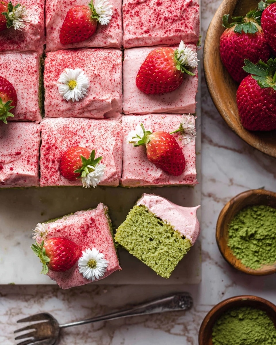 The image shows a green cake cut into squares, each topped with a thick layer of pink frosting that has a smooth, fluffy texture and is dusted with red powder. One piece is slightly moved to reveal the green, moist cake layer below the frosting. Several squares have fresh strawberries and small white flowers with yellow centers as decoration. The cake is on a white marbled surface, with a wooden bowl filled with red strawberries and a small brown bowl containing green powder next to it. A silver fork is also visible near the cake. Photo taken with an iphone --ar 4:5 --v 7