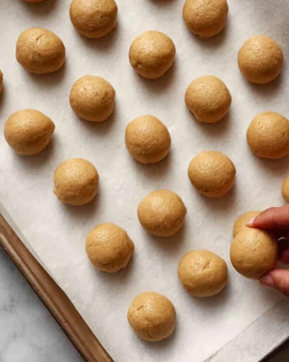 The image shows a white marbled surface with a baking tray lined with white parchment paper. On the paper, there are multiple small round dough balls arranged in neat rows. Each dough ball has a smooth, light golden brown surface with a slightly shiny texture. A woman's hand is placing or adjusting one of the dough balls in the middle of the arrangement. The setting looks clean and minimal, focusing on the uniform dough balls before baking. photo taken with an iphone --ar 4:5 --v 7