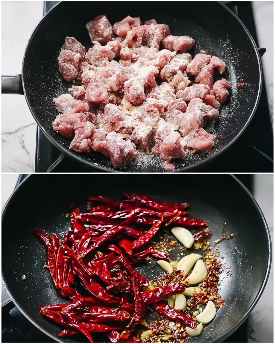 The top image shows many small pieces of raw meat covered in a light white powder, spread out evenly in a black pan. The meat looks pink with some white parts. The bottom image shows dried red chili peppers scattered in the same black pan along with thin slices of garlic and small bits of something brown, likely spices. The chili peppers are curved and bright red, with the garlic slices off-white and slightly shiny. Both pans are on a stove with a white marbled texture surface around them. photo taken with an iphone --ar 4:5 --v 7