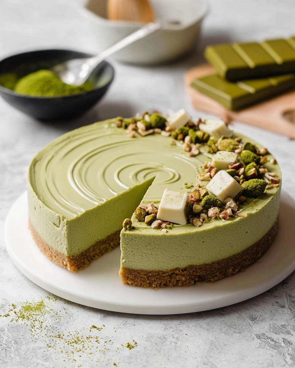 A round, two-layered green tea cheesecake sits on a round white plate with a swirl pattern on the smooth light green top layer. The bottom layer is a thick, crumbly golden brown crust. On one side of the cake, there are scattered green and white matcha-flavored chocolate pieces and some crushed nuts for decoration. The background features a white marbled texture with a black bowl filled with green matcha powder and a spoon slightly out of focus, and some green chocolate bars placed behind the cake. Photo taken with an iphone --ar 4:5 --v 7