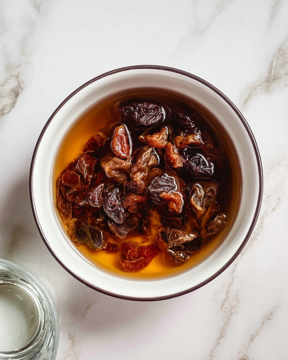 A white bowl with a thin dark rim is filled with warm brown liquid and soft, chunky dried fruits floating on the surface. The dried fruits are a mix of dark reddish-brown and lighter brown colors, uneven in shapes and slightly wrinkled in texture. The bowl is placed on a white marbled surface with subtle grey veins. Part of a clear glass of water is visible at the bottom left corner of the image. photo taken with an iphone --ar 4:5 --v 7