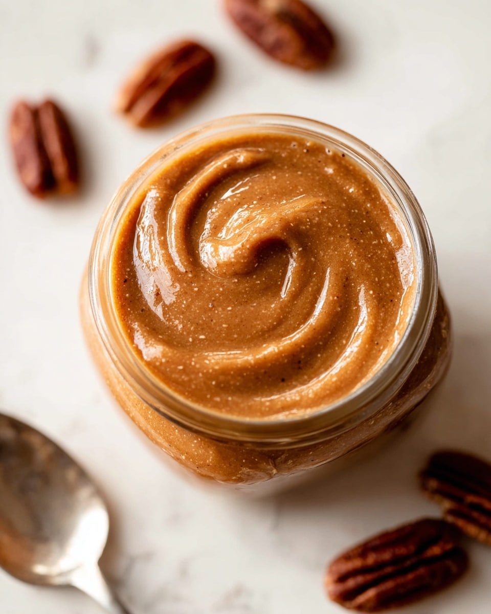 A clear glass jar filled with a smooth, creamy, light brown spread that has a glossy shine on the surface, showing soft swirls in the texture on top. Around the jar, there are several shelled pecans scattered on a white marbled surface, and a silver spoon is partially visible at the bottom left corner. The image is close-up, focusing on the jar and the rich texture of the spread, with a soft blurred background of pecans. photo taken with an iphone --ar 4:5 --v 7
