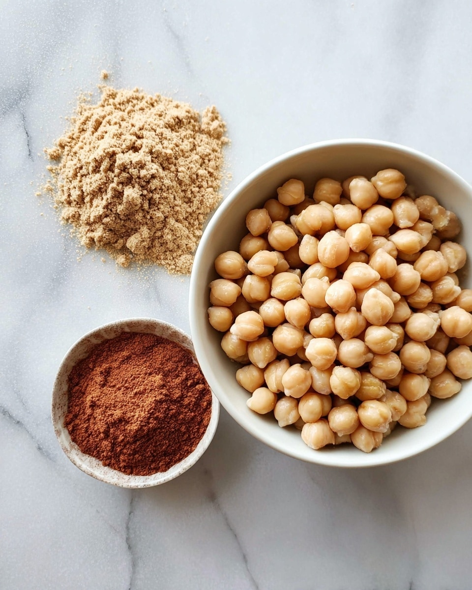 A white bowl filled with round, pale beige chickpeas sits on a white marbled surface. Next to it, a smaller white bowl contains two powders side by side: a light brown crumbly powder on the left and a darker reddish-brown powder on the right. The textures of the chickpeas are smooth and plump, while the powders have a dry, granular look. The scene is simple and clean with soft natural lighting. photo taken with an iphone --ar 4:5 --v 7