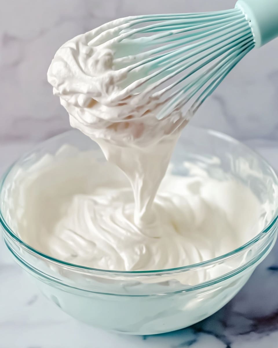 A close-up image of a clear glass bowl filled with soft, white whipped cream, showing smooth and fluffy texture with gentle peaks. A light blue whisk, coated in the whipped cream, is lifted above the bowl, displaying the thick and airy quality of the mixture. The bowl sits on a white marbled surface, with soft light highlighting the creamy swirls inside the bowl. photo taken with an iphone --ar 4:5 --v 7