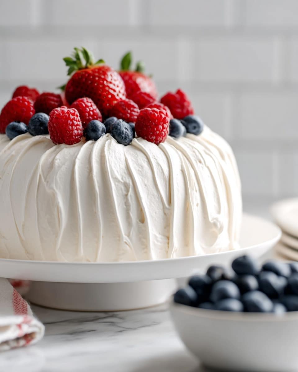 The image shows a round cake covered with smooth, white whipped cream that has wave-like ridges all around. On top of the cake, there are fresh red strawberries, bright red raspberries, and dark blue blueberries placed close together as decoration. The cake rests on a white plate, which sits on a white marbled surface. In the foreground, slightly out of focus, there is a small bowl filled with blueberries. The background is softly blurred with a white tiled wall. photo taken with an iphone --ar 4:5 --v 7