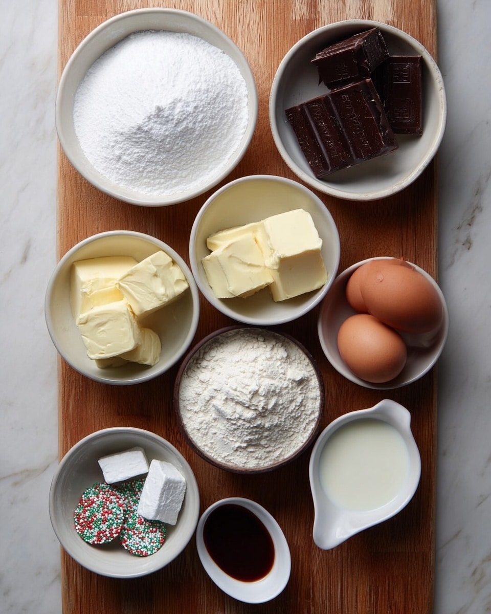 A wooden table has nine white bowls of different sizes arranged neatly. The top left bowl is filled with white powdered sugar with a fine texture. To its right is a bowl holding dark brown chocolate squares with a smooth, glossy surface. Below the powdered sugar is a white bowl with several chunks of pale yellow butter stacked together. Next to the butter bowl, on the right, is a bowl containing three brown eggs of various shades. Beneath the butter bowl is a bowl filled with fine white flour. To the right of the flour bowl is a smaller bowl of white granulated sugar. Below the sugar bowl is a bowl with small pieces of chocolate decorated with red and green colored flakes. Next to it, on the right, is a bowl of white milk with a smooth surface. Finally, there is a small white spoon-shaped dish holding a dark brown vanilla liquid at the bottom right. The background is a white marbled texture photo taken with an iphone --ar 4:5 --v 7
