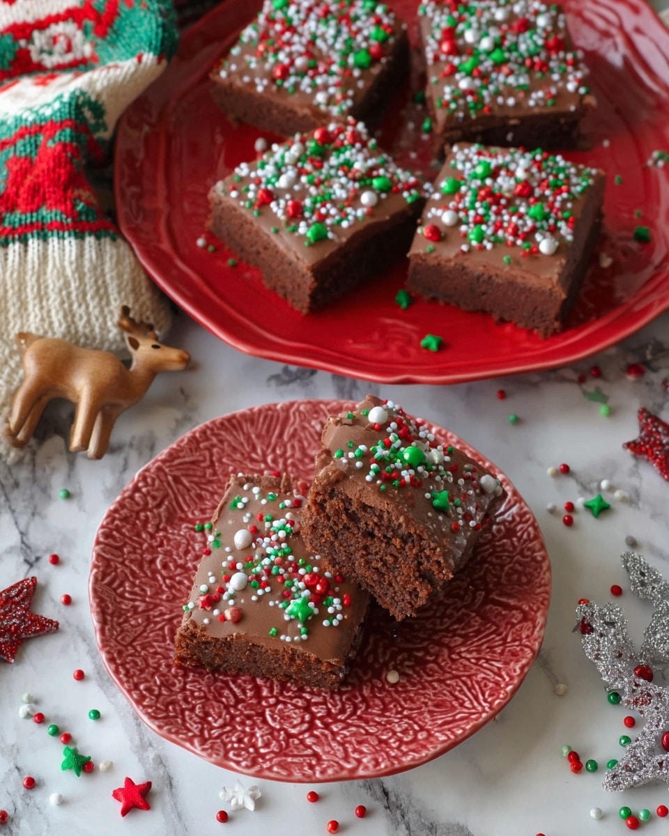 The image shows two white plates with three and four square chocolate brownies each. Each brownie has a smooth brown frosting layer on top, decorated with small red, green, white, and silver round and star-shaped sprinkles. The brownies look moist and slightly thick. The white plates are placed on a white marbled surface with colorful red, green, white sprinkles scattered around. One red plate with a textured floral pattern holds three brownies with sprinkles on and around them. There is also a small wooden reindeer ornament and knitted fabric with red, green, and cream colors in the background. Photo taken with an iphone --ar 4:5 --v 7