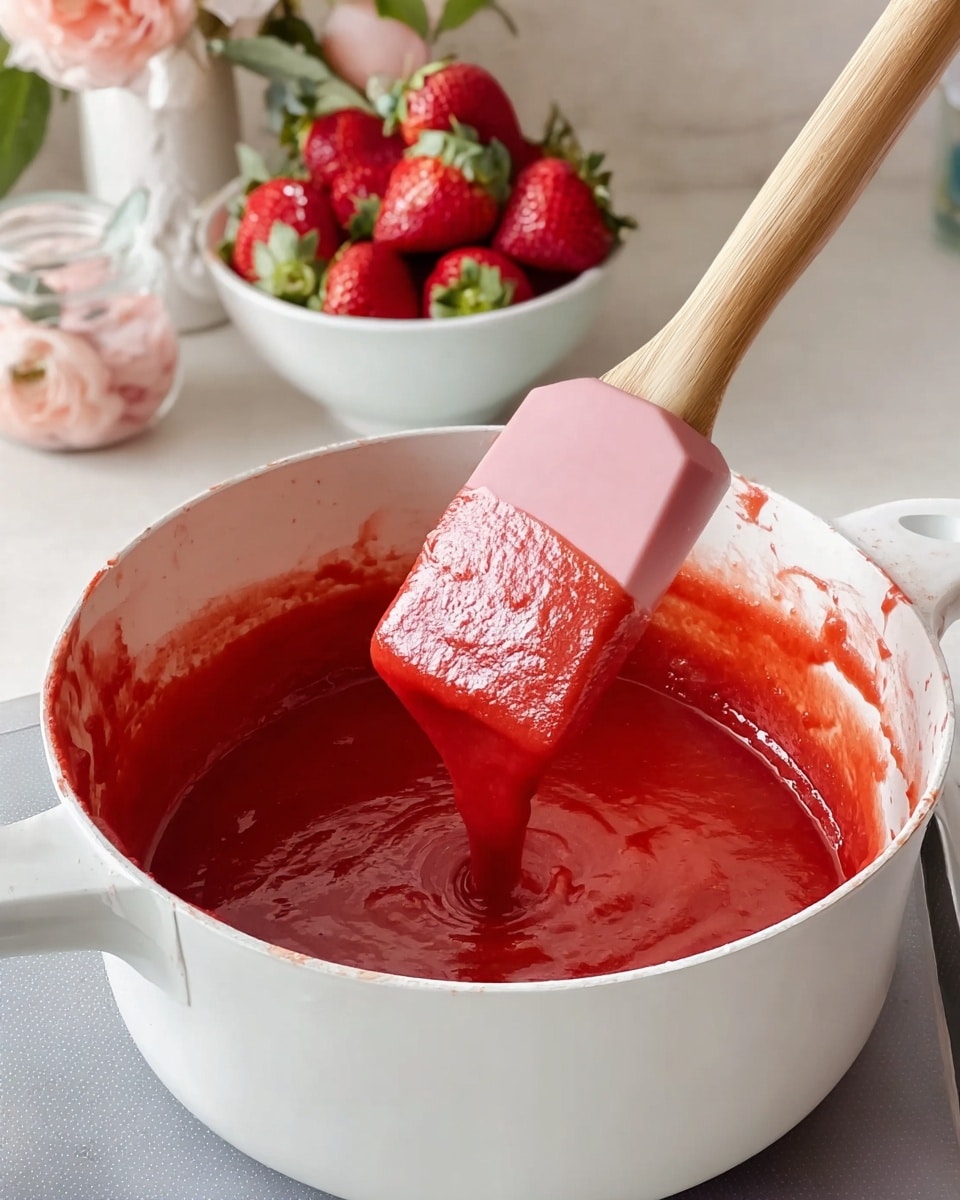 A white pot on a light grey stove holds a thick, smooth layer of bright red strawberry sauce being stirred by a wooden spatula with a pink silicone head. The sauce clings to the spatula in a semi-thick layer while the rest swirls inside the pot, which has red sauce splattered slightly on the inner sides. In the background, a white bowl filled with fresh red strawberries and green leafy tops sits on a white marbled surface next to a soft pink artificial flower in a white vase. photo taken with an iphone --ar 4:5 --v 7