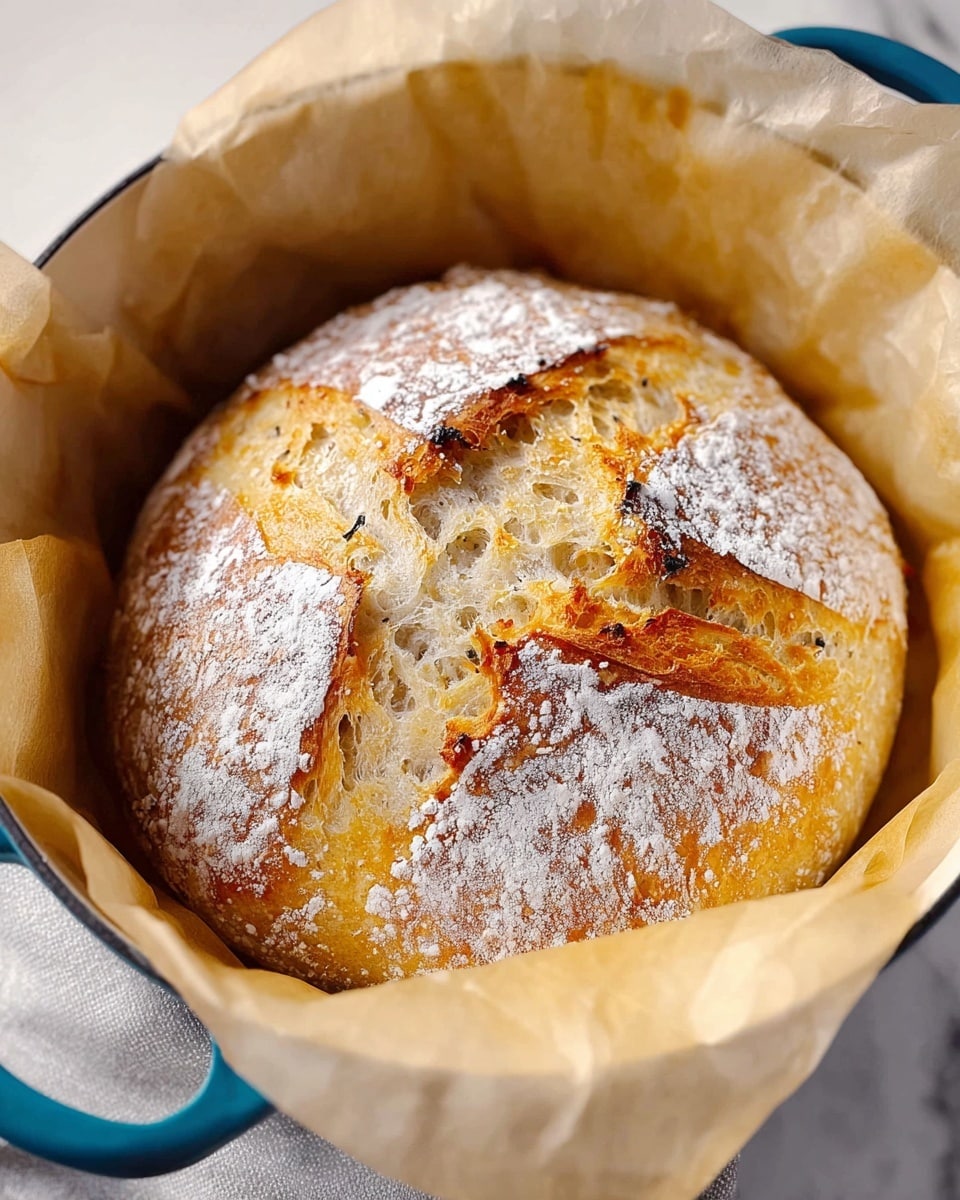 A round loaf of light golden bread with a cracked crust dusted with white flour sits in a white pot lined with pale parchment paper. The bread has four thick, raised crust segments creating a cross shape, with some areas showing a slightly deeper golden brown color, revealing airy, soft textured bread inside. The pot is placed on a white marbled surface with a hint of a blue handle visible on the side. Photo taken with an iphone --ar 4:5 --v 7