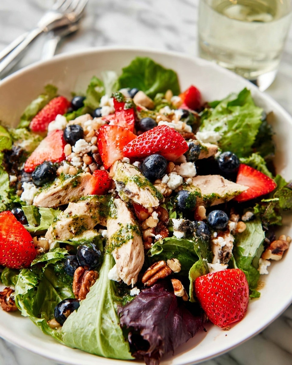 The dish is a fresh salad in a white bowl, starting with a base of mixed green lettuce leaves in various shades of green and purple with a leafy texture covering the bowl. On top, there are several layers: sliced cooked chicken pieces with a light brown color and herbs, scattered bright red strawberry slices, plump dark blueberries, and small chunks of white cheese. There are also whole almonds and small tan grains spread evenly across the salad. The salad is drizzled with a green herb dressing adding a glossy look, all set on a white marbled surface with a glass of water in the background. Photo taken with an iphone --ar 4:5 --v 7