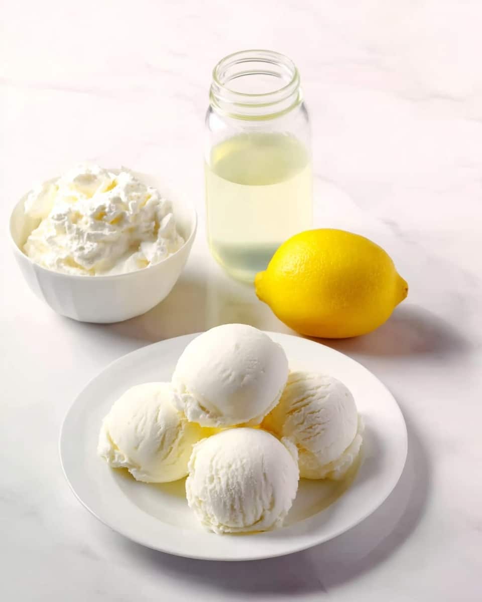 The image shows a white plate with five scoops of smooth, creamy white ice cream arranged in the center. Behind the plate, there is a small glass jar filled with a light yellowish liquid placed in front of a whole bright yellow lemon. To the left of the lemon, there is a white bowl filled with fluffy, white whipped cream. All items are set on a white marbled surface with soft lighting. Photo taken with an iphone --ar 4:5 --v 7