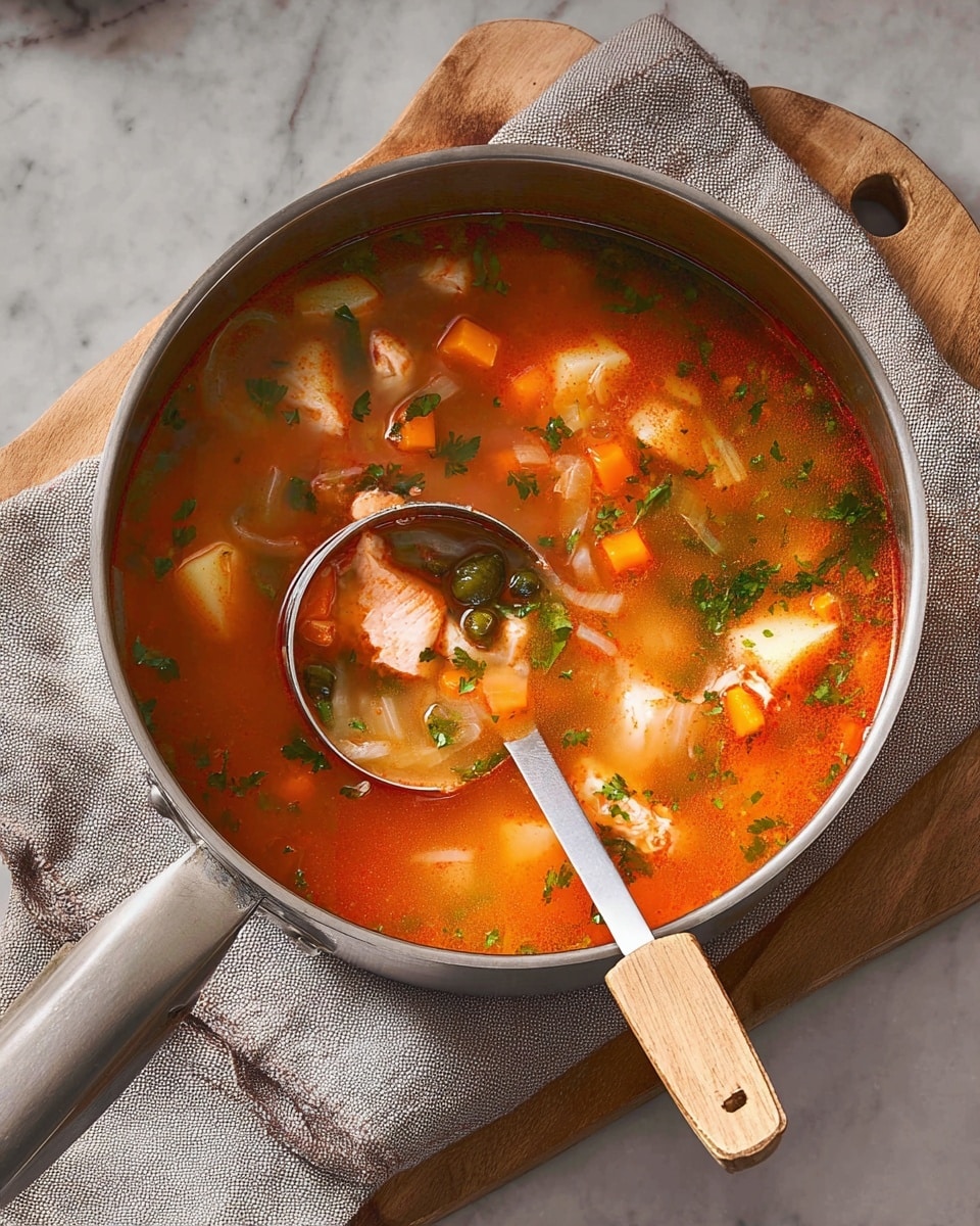 A large silver pot filled with orange-red broth soup containing several layers of ingredients: the top layer shows orange carrot cubes, white potato chunks, and green parsley leaves floating in the broth; beneath these, tender pink pieces of fish are visible, mixed with translucent white onion slices and small green capers. A metal ladle with a wooden handle is dipping into the soup on the right side. The pot is placed on a textured light gray cloth over a wooden board, all set against a white marbled surface. photo taken with an iphone --ar 4:5 --v 7