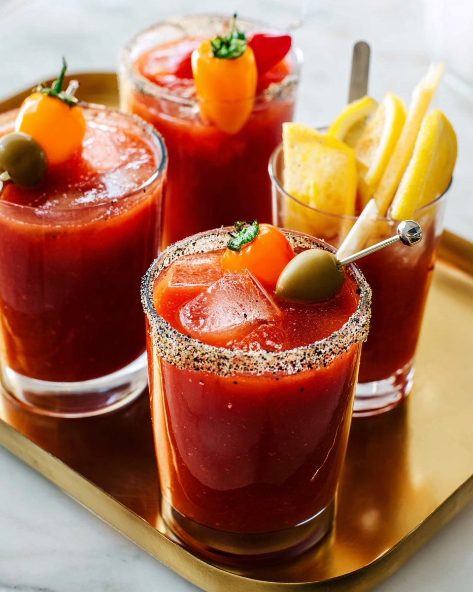 Four clear glasses filled with deep red tomato-based cocktails, each glass rimmed with coarse salt and black specks, showing large ice cubes inside. The front glass has a small bright red pepper, a green olive, and a lemon wedge skewered on a silver stick, resting on top of the drink. Behind it, another glass has a small orange pepper with a leafy green top and a green olive on a silver arrow-shaped pick. To the right, a glass includes a stick of light yellow cheese above the ice. In the background, a clear glass holds several bright lemon wedges. All glasses rest on a shiny gold tray placed on a white marbled surface. photo taken with an iphone --ar 4:5 --v 7