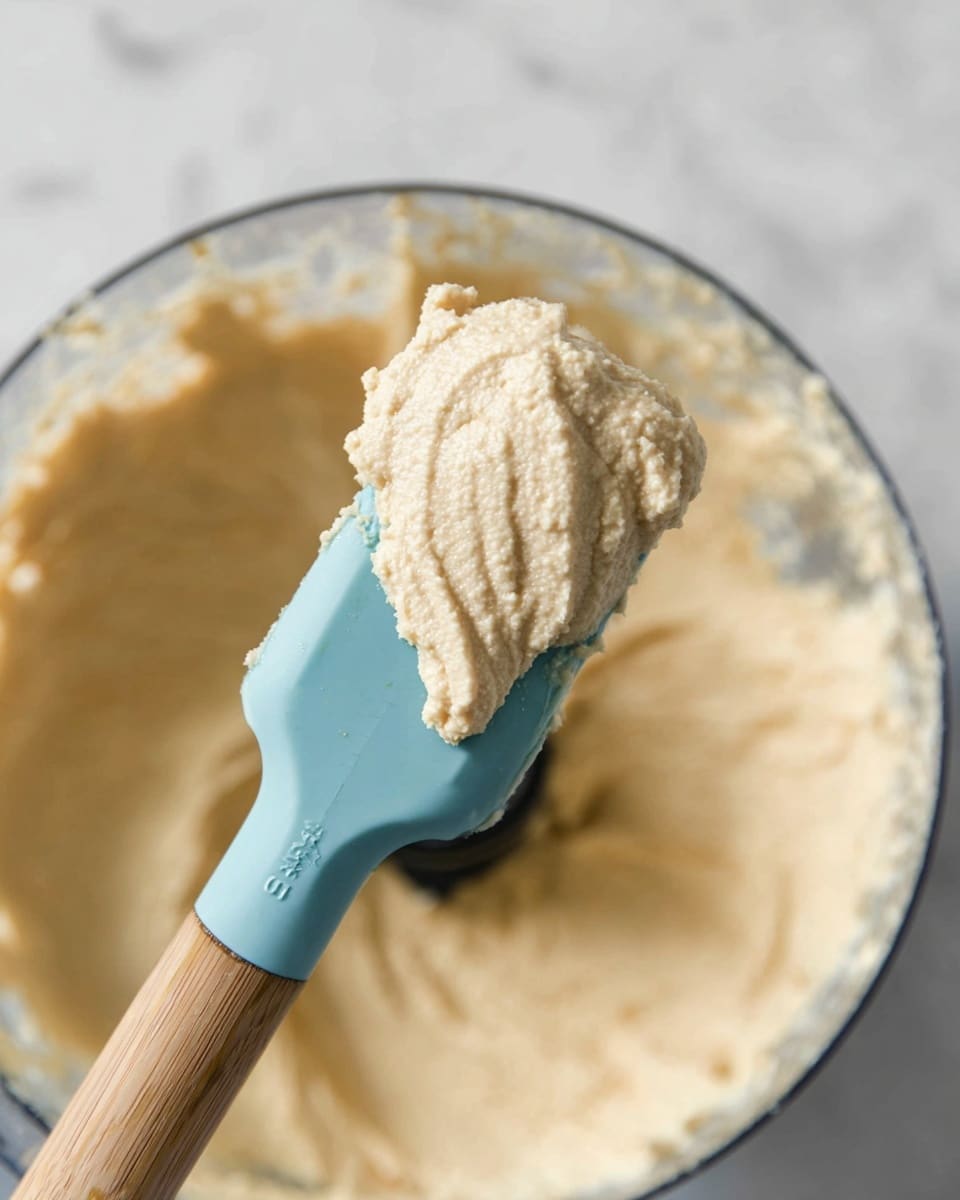 A close-up view of a pale beige creamy mixture with a slightly grainy texture sitting on a light blue silicone spatula with a wooden handle. The spatula is held above a clear food processor bowl containing more of the same creamy mixture. The edges of the food processor bowl have smears of the light beige mixture, and the background features a white marbled texture. Photo taken with an iphone --ar 4:5 --v 7
