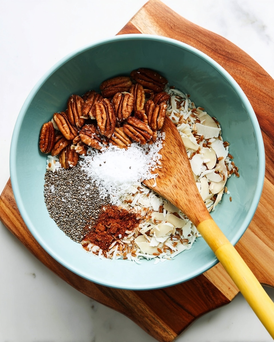 A light blue bowl holds a mixture of ingredients, layered with small brown pecans around the edge, light beige slivered almonds filling most of the bowl, topped at the center with white shredded coconut, small black chia seeds, and a small heap of brown flaxseed beside them. Near the bottom center there is a sprinkle of reddish brown cinnamon and white salt. A wooden spoon with a yellow handle rests inside the bowl. The bowl sits on a white marbled surface with a wooden board partially under it. Photo taken with an iphone --ar 4:5 --v 7