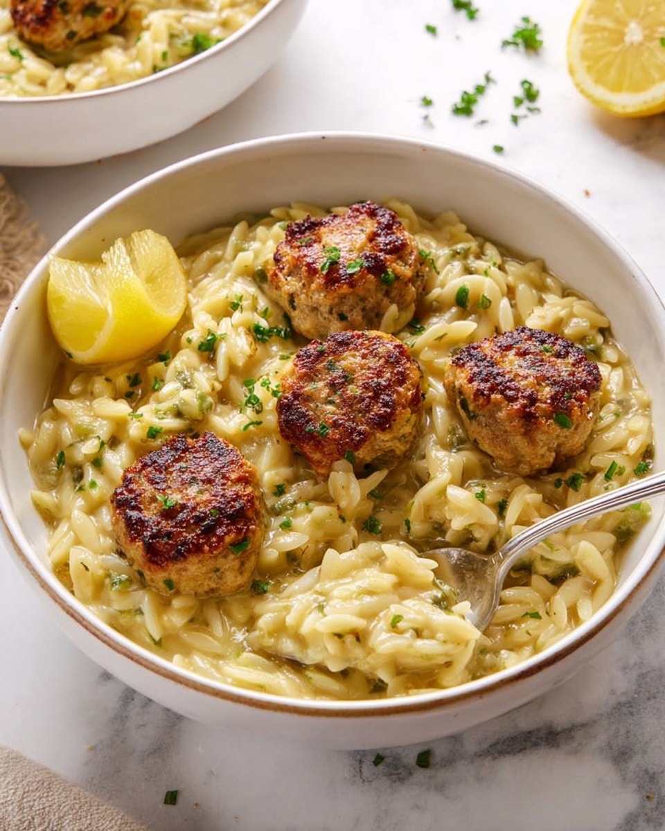 The image shows a white bowl filled with a creamy orzo pasta base, light yellow in color with small green herb pieces mixed in. On top, there are five evenly placed browned meatballs, each golden-brown with a slightly crispy texture. A lemon wedge is placed on the left side inside the bowl. A silver spoon is partially dipped into the orzo, resting on the right edge of the bowl. The bowl sits on a white marbled surface with a blurred bowl of the same dish in the background and small green herb pieces visible in the top left corner. Photo taken with an iphone --ar 4:5 --v 7