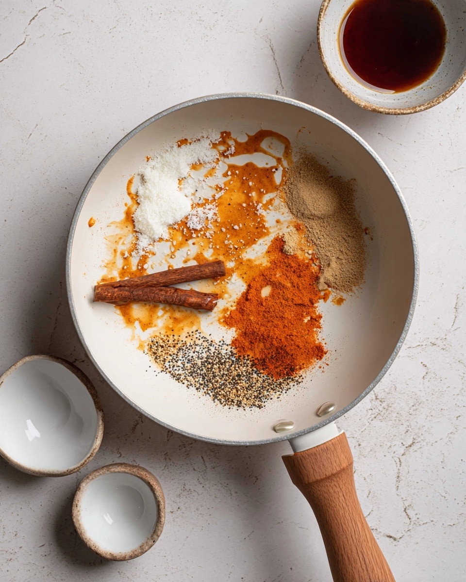 A white pot with a wooden handle sits on a white marbled surface, containing several spices and ingredients. Inside, there is a splash of orange spice spread around the center, a whole cinnamon stick placed diagonally across the splash, white fresh grated pieces on the left side, a small pile of light brown powder on the top right, and a cluster of reddish-orange powder below the light brown one. Some black and white ground pepper is sprinkled near the bottom of the cinnamon stick. Nearby on the surface, there are two small white bowls, one containing a dark brown liquid and the other empty. Photo taken with an iphone --ar 4:5 --v 7