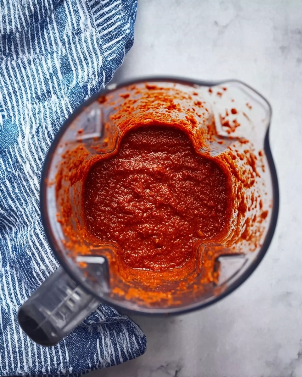 A clear blender container filled with thick, deep red sauce that has a slightly chunky texture, sitting on a white marbled surface with some sauce splattered lightly inside the container. To the left of the blender, there is a blue and white striped cloth. Photo taken with an iphone --ar 4:5 --v 7