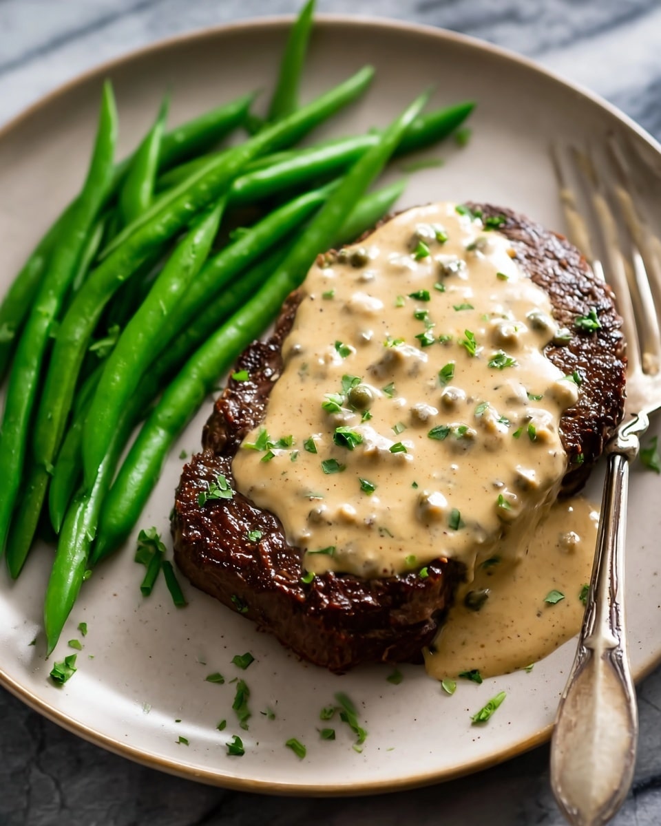A dark brown cooked steak sits on a white plate with a thick layer of light beige creamy sauce with small chunks spread evenly on top, sprinkled with small green herb pieces. To the left of the steak, several whole bright green beans are stacked together, pointing diagonally across the plate. The plate is placed on a white marbled surface, and a silver fork rests on the edge of the plate near the steak. Photo taken with an iphone --ar 4:5 --v 7