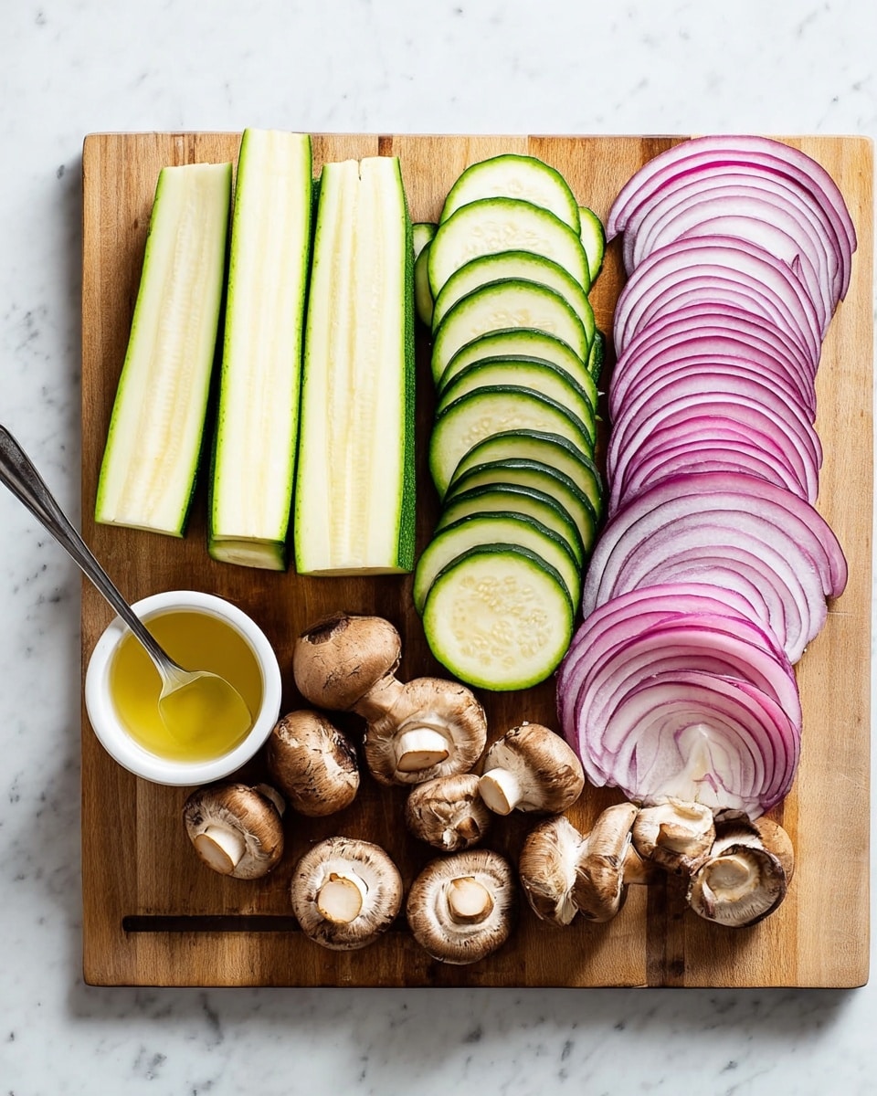 A wooden cutting board sits on a white marbled surface holding four groups of vegetables arranged in layers. On the left, there are several long, light green zucchini halves standing upright with the cut sides facing up showing their soft texture. To the right of the zucchini, there is a stack of round, pale green eggplant slices overlapping each other. Next, there are thick slices of red onion showing white and purple rings in layers, stacked closely. On the far right, whole brown mushrooms with visible caps and light stems are grouped together. A small white cup containing yellow sauce with a metal spoon inside is placed to the left of the cutting board. Photo taken with an iphone --ar 4:5 --v 7