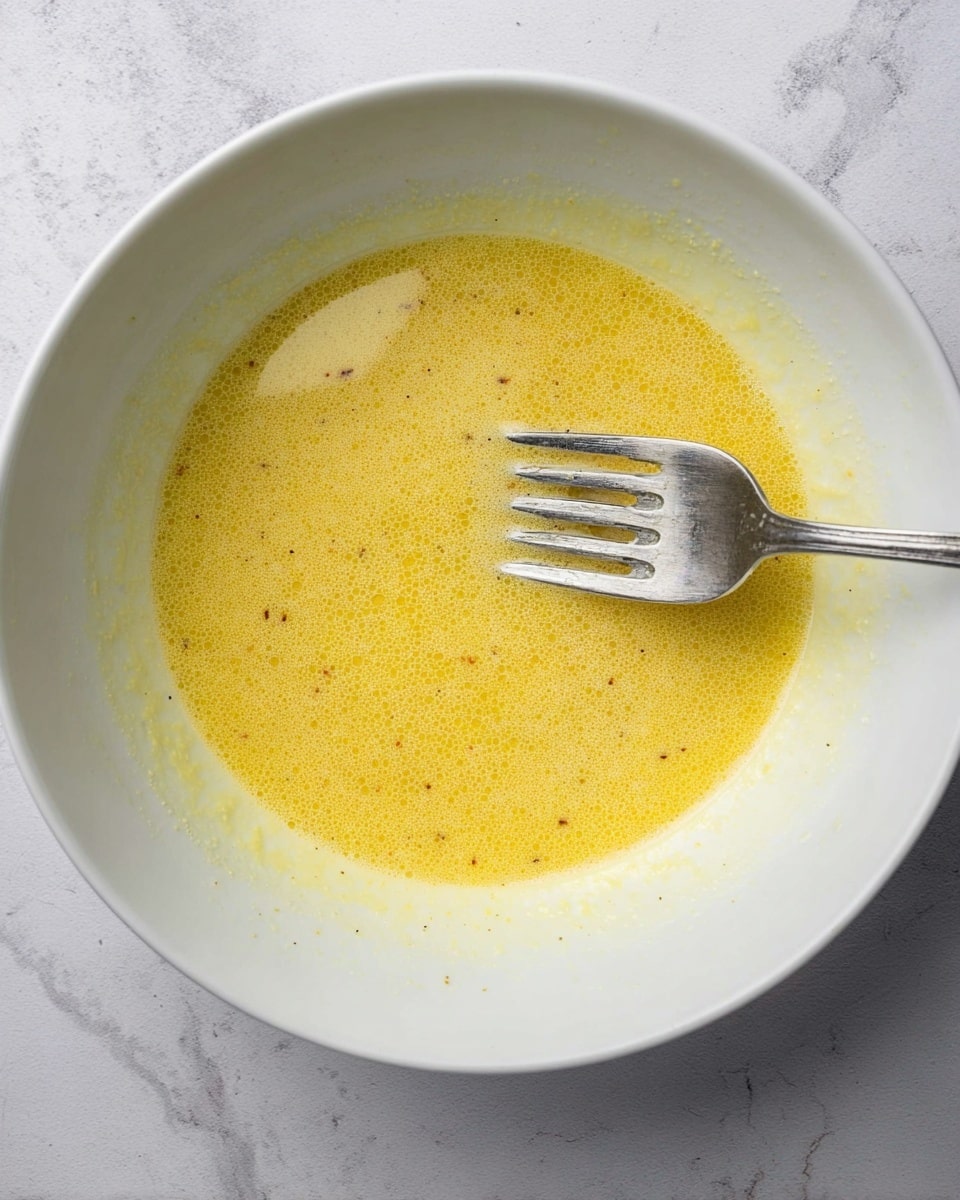 A close-up view of a white bowl containing a single layer of light yellow liquid mixture with a slightly grainy texture and some tiny brown specks throughout. The liquid spreads thinly across the bowl, leaving a visible ring of residue along the sides. Inside the bowl on the right side, there is a silver fork with four short tines resting partially submerged in the yellow mixture. The bowl sits on a white marbled surface with subtle grey veins. photo taken with an iphone --ar 4:5 --v 7
