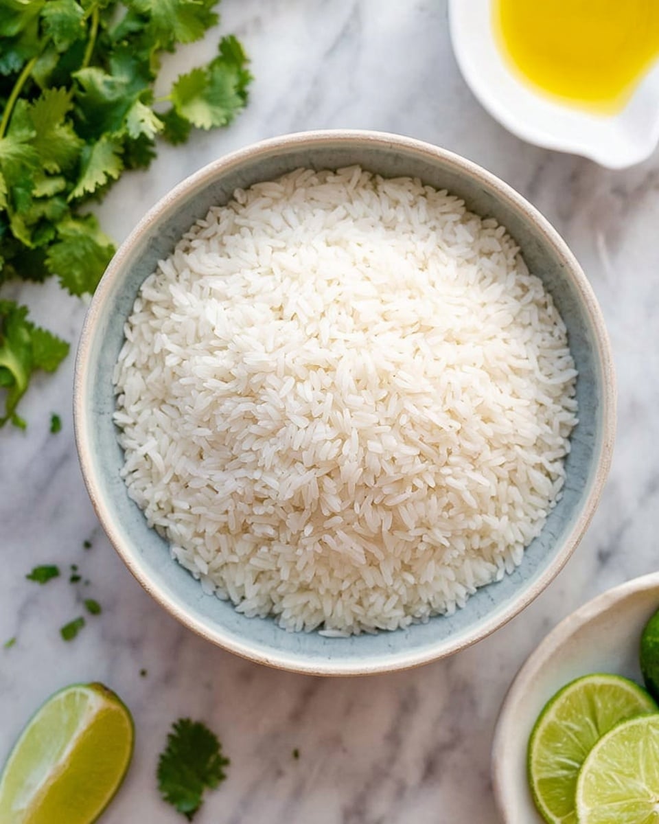 A single layer of uncooked white rice grains fills a round, white bowl with a soft blue inner edge, placed on a white marbled surface. Around the bowl, there are roughly chopped green cilantro leaves at the bottom left, two half-sliced green limes at the bottom right, and a small white bowl of golden yellow oil on the left side. The image is flat lay, showing everything from above with soft natural lighting. Photo taken with an iphone --ar 4:5 --v 7