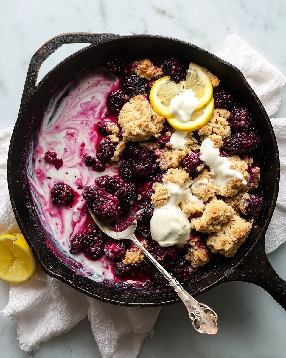 A black cast iron pan sits on a white marbled surface with a white cloth underneath one side, filled with a mixed berry cobbler. The dish shows a swirled layer of creamy light purple and white sauce, with large dark purple blackberries scattered throughout. On the right side, thick crumbly light brown biscuit pieces with a rough texture sit partially covered in dollops of white cream. A thin, bright yellow lemon slice is placed near the top edge inside the pan. A vintage silver spoon rests diagonally across the pan, touching the sauce and berries photo taken with an iphone --ar 4:5 --v 7
