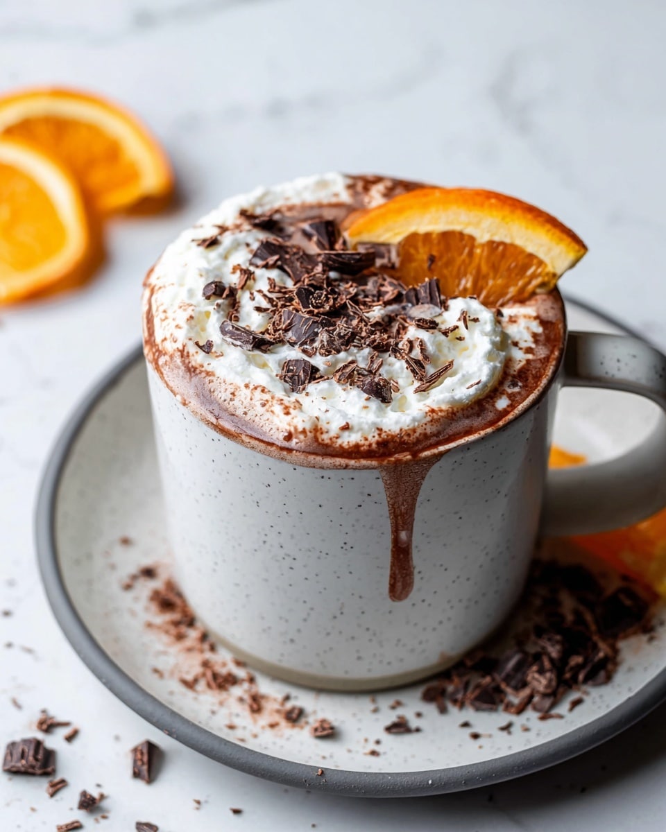 A white ceramic mug filled with rich brown hot chocolate is topped with a thick layer of white whipped cream, which spills slightly over the mug’s edge. Dark chocolate shavings are scattered on top of the whipped cream. A bright orange slice rests partially on the whipped cream, adding a pop of color. The mug sits on a speckled white plate with a grey rim, with chocolate shavings and orange pieces scattered on the white marbled surface around them. Photo taken with an iphone --ar 4:5 --v 7