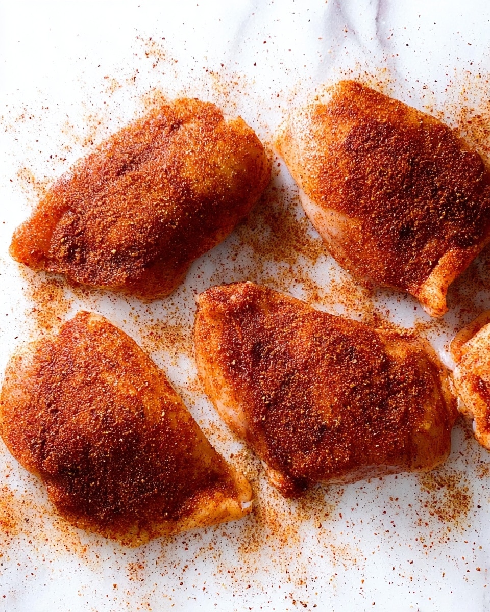 The image shows five pieces of raw chicken with a deep reddish-brown spice rub covering each piece evenly. The chicken pieces are spread out on a white marbled surface with extra spice powder scattered around them, creating a slightly messy but natural look. The spice rub has a coarse texture with visible granules, giving the chicken a textured appearance. The pieces are arranged close to each other but not overlapping, with the largest piece near the center and smaller pieces surrounding it. The overall color palette includes warm tones of red, brown, and a hint of orange from the spices. photo taken with an iphone --ar 4:5 --v 7