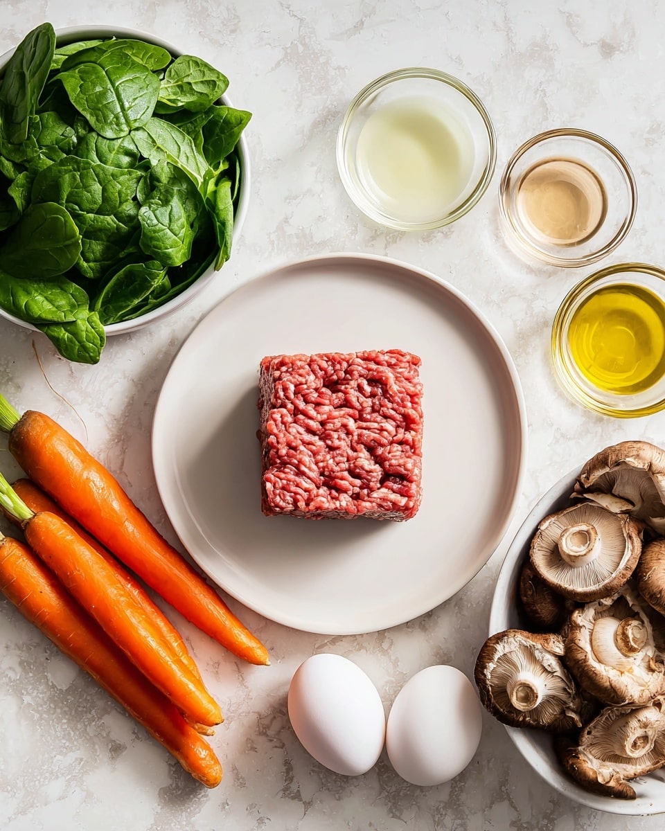 A white round plate in the center holds a square piece of raw ground meat with a red and white marbled texture. Around it, a white bowl on the top left is filled with fresh green spinach leaves, and below it two long orange carrots lie diagonally with their tops showing. On the bottom right, a white bowl is filled with brown mushrooms, some with stems up and some caps up, showing light and dark brown textures. Near the top right corner, small clear glass dishes hold different light yellow and clear liquids. Three white eggs are placed near the bottom right edge. The surface beneath everything is a white marbled texture. Photo taken with an iphone --ar 4:5 --v 7