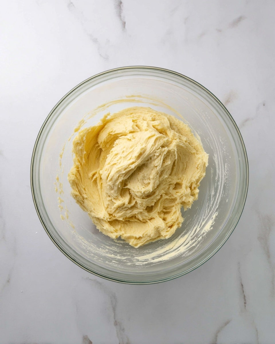 A clear glass bowl sits on a white marbled surface, holding one layer of pale yellow dough with a soft, creamy texture that looks slightly thick and sticky. The dough is scooped in the center with visible swirls and peaks from mixing, and the sides of the bowl show light streaks of the dough residue. The overall scene is bright and clean with natural light. photo taken with an iphone --ar 4:5 --v 7