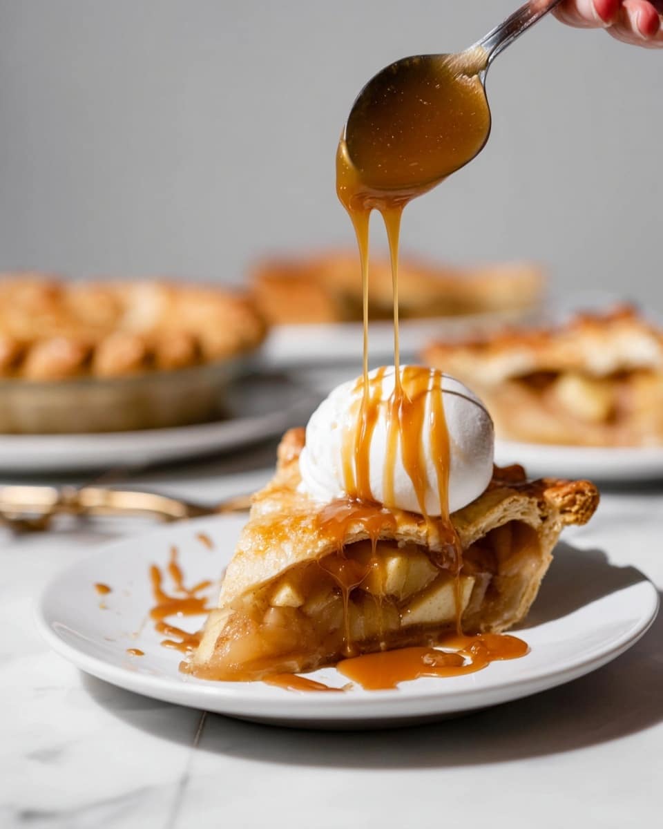 A round apple galette with a folded golden brown crust, filled with thinly sliced caramelized apple pieces layered in a spiral pattern, topped with three white scoops of melting ice cream in the center, all placed on parchment paper inside a silver tray on a white marbled surface. Around the tray are red, yellow, and green apples with leaves, a jar of caramel sauce with a spoon, and caramel sauce drizzled lightly on the crust and parchment paper. photo taken with an iphone --ar 4:5 --v 7