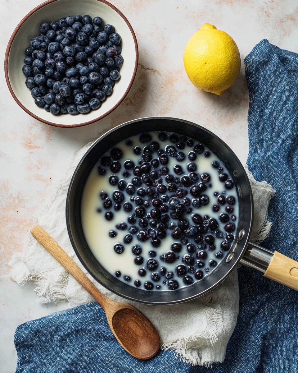 A black pan filled with two layers: the bottom layer is a milky white liquid, and the top layer has many dark blue blueberries floating on it. To the top left, there is a white bowl with a brown rim filled with more dark blue blueberries. To the right, a bright yellow lemon sits on the white marbled surface. Below the pan, there is a wooden spoon resting on a white cloth layered over a blue cloth. The photo is taken with an iphone --ar 4:5 --v 7