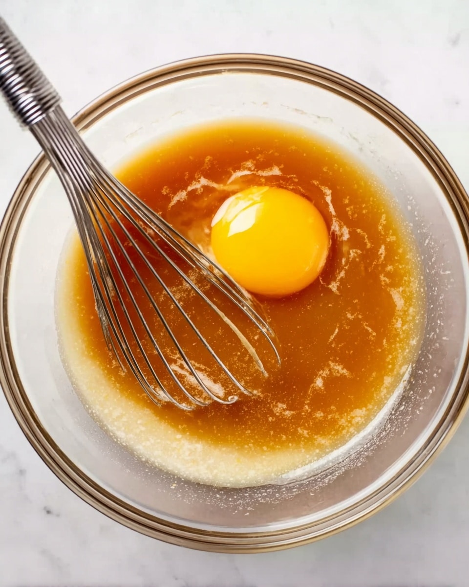 A clear glass bowl sits on a white marbled surface, containing a mixture with two main layers: a thick, light brown liquid base and a raw egg yolk with a bright yellow-orange color resting in the center. A silver whisk with thin wire loops is partially submerged in the mixture, angled toward the left side of the bowl. The liquid base has a smooth, slightly shiny texture, and the egg yolk appears untouched and glossy, creating a distinct contrast between the two layers photo taken with an iphone --ar 4:5 --v 7