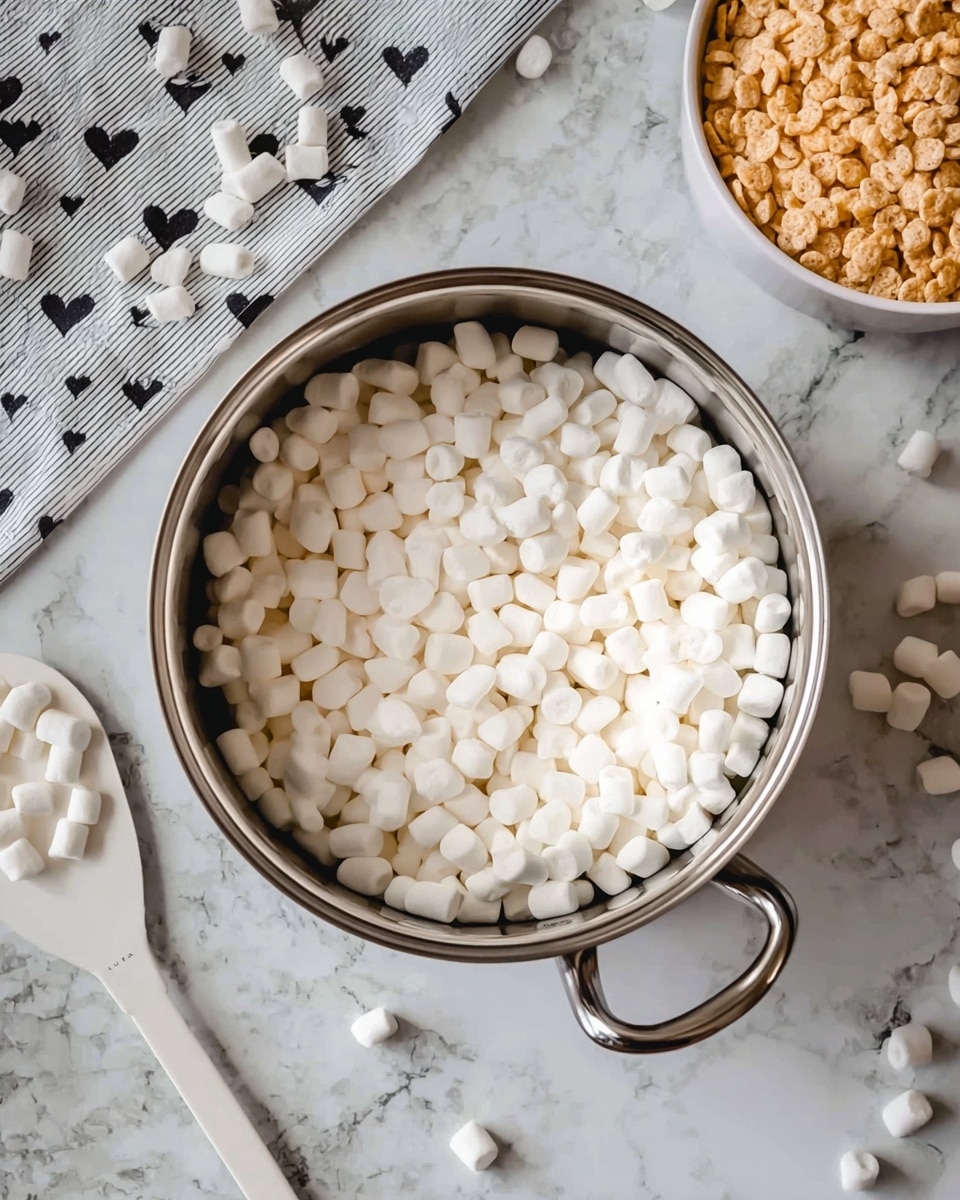 A metal pot filled with small, white marshmallows is placed on a white marbled surface; some marshmallows are scattered beside the pot. At the top right corner, a white container is partially visible, filled with light golden cereal pieces. The scene also includes a white and gray cloth with black heart shapes underneath the pot and a white spatula with a white handle resting on the surface. Photo taken with an iphone --ar 4:5 --v 7