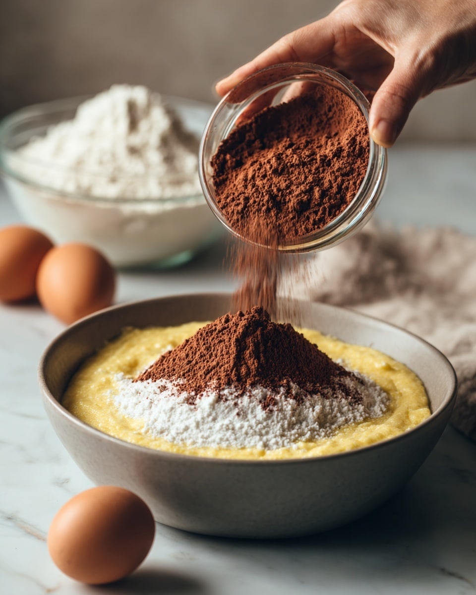 The image shows a close-up of a mixture in a gray bowl placed on a white marbled surface. Inside the bowl, there is a thick yellow batter at the bottom with a heap of white powder (likely flour or sugar) in the middle. On top of this, a woman's hand is pouring a mound of rich brown cocoa powder from a clear glass bowl, creating a contrast between the colors and textures. In the background, there are two brown eggs and a larger clear bowl filled with a white powder. The scene is softly lit, highlighting the textures and colors of the ingredients. Photo taken with an iphone --ar 4:5 --v 7