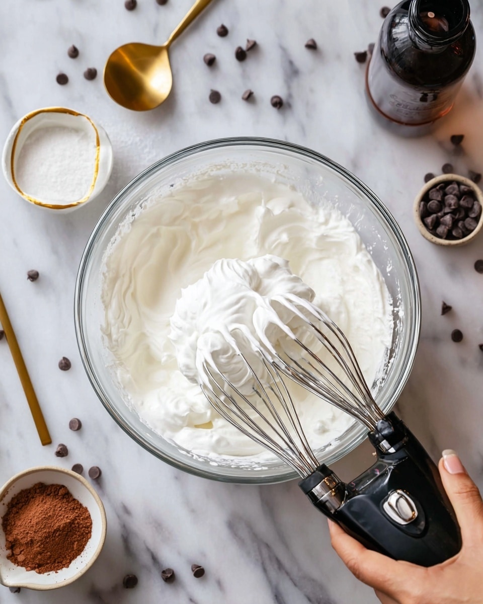 A glass bowl filled with fluffy white whipped cream being mixed by a black hand mixer with two metal beaters, sitting on a white marbled surface. A woman's hand is holding a gold spoon above the cream next to the beaters. Around the bowl on the surface are scattered dark chocolate chips, a small white bowl with a gold rim holding some white powder, and a smaller bowl with brown powder. A dark bottle is also partially visible at the top right. photo taken with an iphone --ar 4:5 --v 7