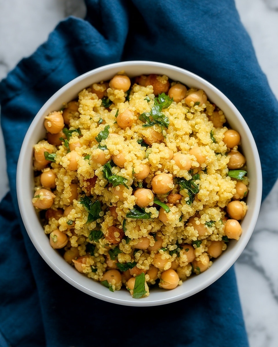 A close-up of a white bowl filled with a grain salad. The salad has three main layers: the base is light yellow quinoa with a fluffy texture, mixed with round, beige chickpeas spread evenly, and bright green fresh herbs scattered throughout. The bowl sits on a dark blue cloth with soft folds, all placed on a white marbled surface. The image captures the textures clearly, showing the slight shine on the chickpeas and the small, curly leaves of the herbs. Photo taken with an iphone --ar 4:5 --v 7