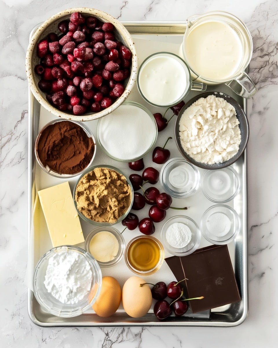 A large white tray with an arrangement of baking ingredients on a white marbled surface, starting from the top left with a speckled beige bowl full of dark red frozen cherries, next to two glass measuring cups filled with creamy white liquids on the top right, below that a white bowl with white sugar, a small black bowl filled with white flour, and several shiny fresh cherries placed loosely on the tray; at the bottom left, a stick of pale yellow butter, a small glass bowl with brown sugar, a glass bowl with cocoa powder, a larger glass bowl with white powdered sugar, two brown eggs, a small glass bowl with golden syrup, and two pieces of dark chocolate on the bottom right; the ingredients are neatly spaced and organized in mostly glass or ceramic containers. photo taken with an iphone --ar 4:5 --v 7