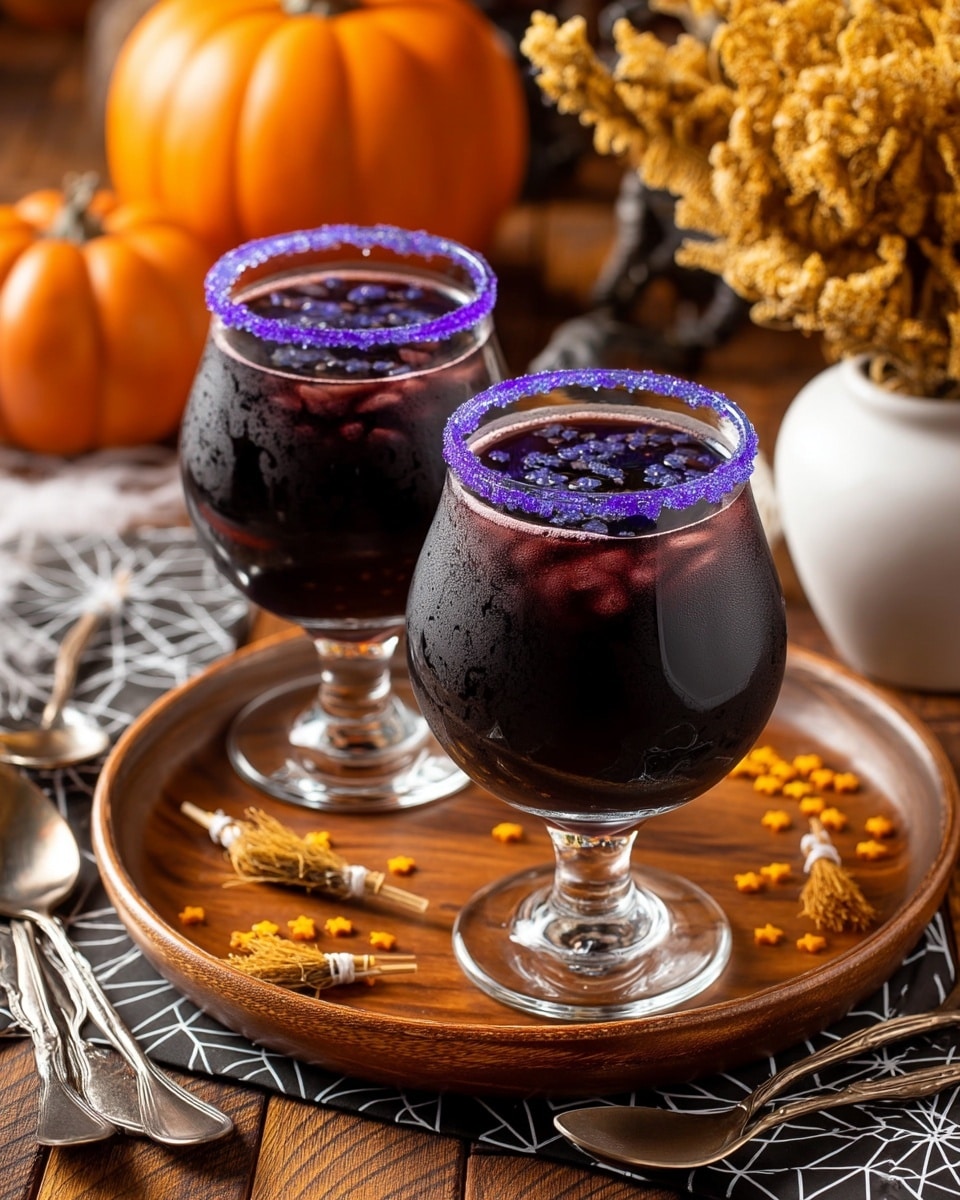 Two dark purple drinks are in clear glass cups with short stems, each rimmed with bright purple sugar crystals. The glasses are placed on a round wooden tray with small yellow star-shaped sprinkles and tiny tied bundles of dried straw-like herbs scattered around. The background shows a blurred orange pumpkin and a white pot with dried flowers. White cobweb-like material is spread over the tray and wooden table underneath. Two silver spoons rest on a black and white patterned napkin to the side. photo taken with an iphone --ar 4:5 --v 7