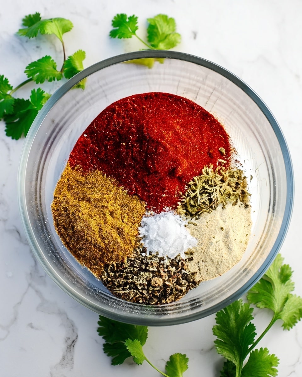 A clear glass bowl sits on a white marbled surface, filled with six different spices arranged neatly in separate piles. The largest pile is bright red, positioned near the top center. To the left, there is a chili brown powder with a fine texture. Below it, a pile of coarsely ground black pepper rests. In the middle, a small heap of white salt stands out distinctly. To the right of the salt, there is a light beige powder, and above that, a greenish dried herb spice completes the circle. Fresh green cilantro leaves are scattered around the bowl on the white marbled surface. Photo taken with an iphone --ar 4:5 --v 7