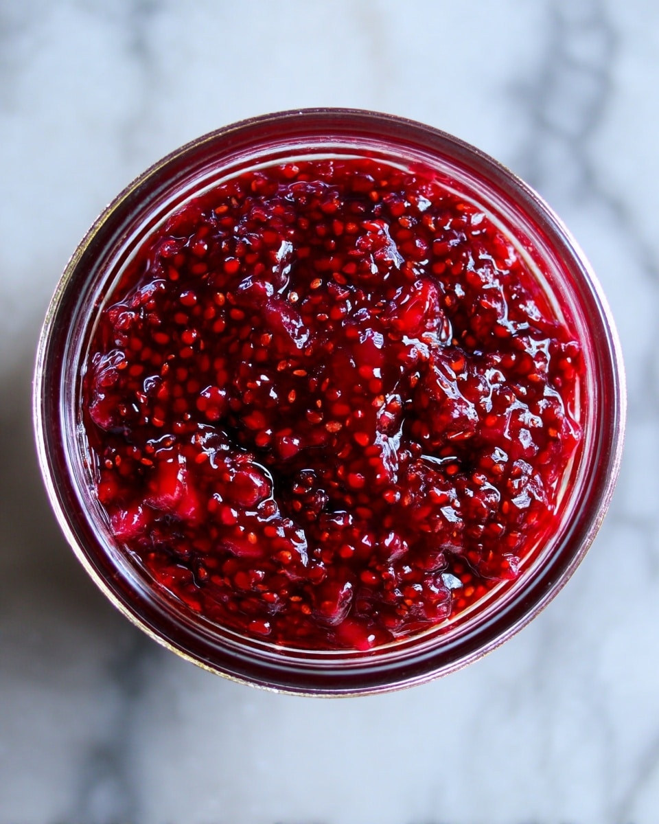 The image shows a close-up top view of a glass jar filled with thick, textured red jam. The jam has visible seeds and small fruit pieces, giving it a bumpy and shiny surface. The rim of the jar is silver, and the background is a white marbled texture. The photo taken with an iphone --ar 4:5 --v 7