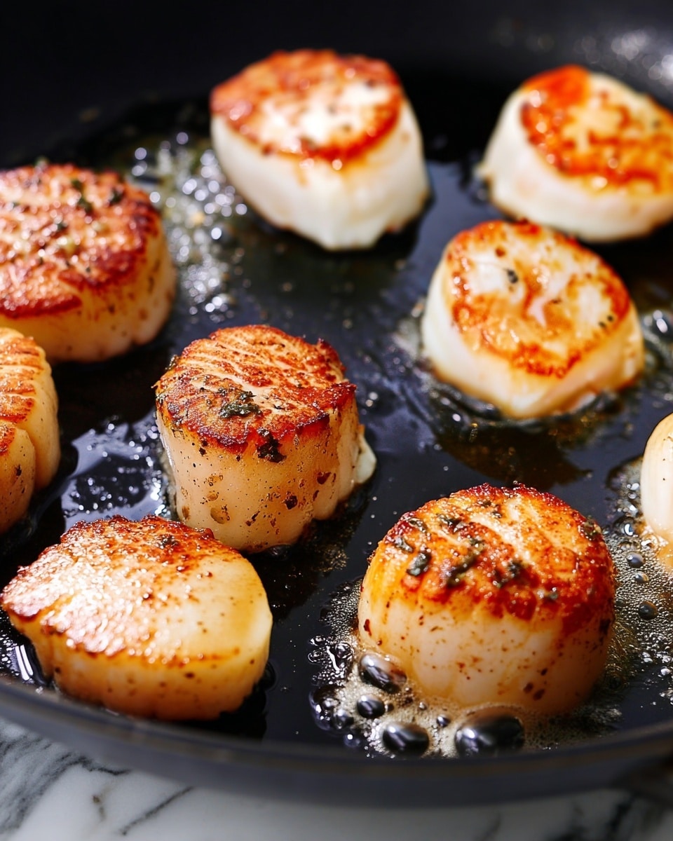 The image shows multiple seared scallops cooking in a pan. Each scallop has one visible layer with a golden-brown crust on top, and the sides are white and tender looking. The scallops are placed directly on the black pan surface, and small bubbles of oil surround the base of each scallop, adding a shiny texture. The background has been changed to a white marbled texture for clearer contrast. photo taken with an iphone --ar 4:5 --v 7
