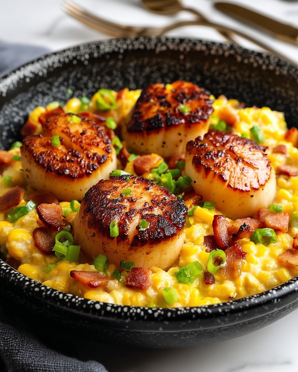 A black speckled bowl holds three large, golden brown seared scallops on top of a creamy yellow corn base mixed with small pieces of crispy bacon and finely chopped green onions scattered throughout, all placed on a white marbled surface with a blurred fork and a gray cloth in the background; photo taken with an iphone --ar 4:5 --v 7