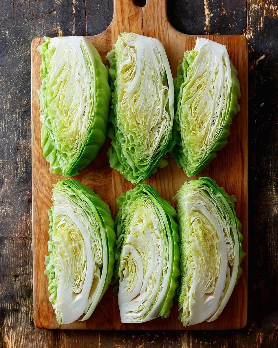 Four green and white cabbage wedges are laid in a row on a light wooden cutting board with a handle cutout on the left side. The cabbage pieces show layered leaves with a mix of light green outer leaves and white inner leaves. The cutting board rests on a dark rustic wooden surface that is worn and textured. The cabbage wedges have crisp, smooth edges, and the inner leaves create a detailed swirl pattern. Photo taken with an iphone --ar 4:5 --v 7