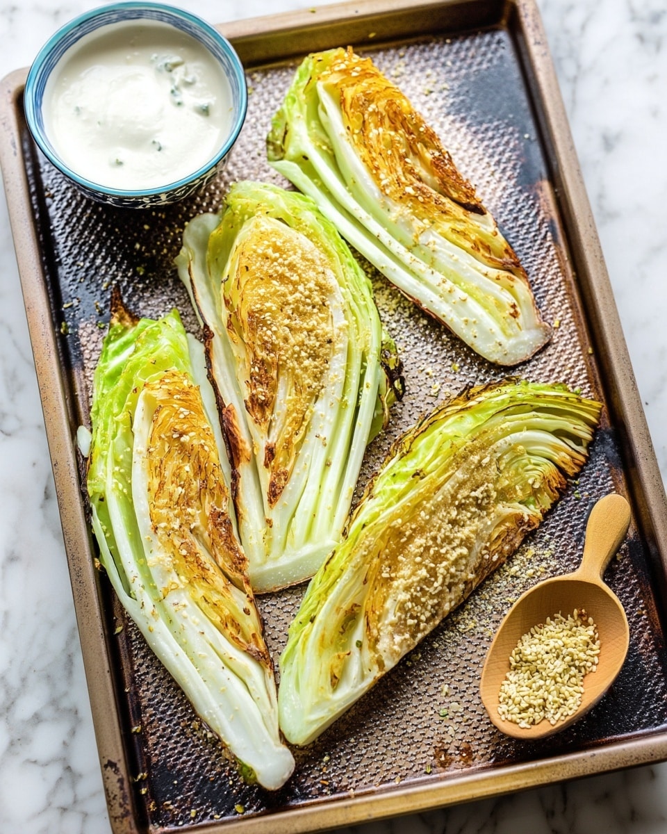 The image shows four thick wedge slices of roasted cabbage placed on a metal baking tray with a textured surface. Each slice has multiple layers, with the outer leaves browned and slightly crispy while the inner layers remain light green and white, soft but still firm. The wedges are sprinkled with coarse sesame seeds and seasoning, giving a slightly rough texture on top. Next to the tray, there is a white bowl with a creamy white sauce, and a small wooden scoop filled with more sesame seeds. The scene is set on a white marbled surface. photo taken with an iphone --ar 4:5 --v 7