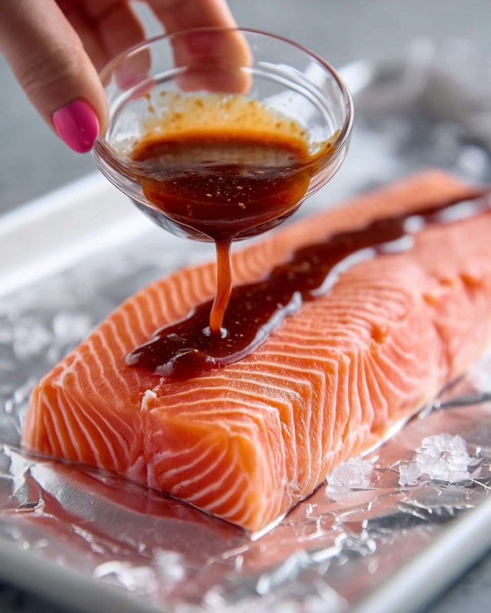A close-up view of a raw pink salmon fillet with visible natural white lines on a white marbled surface covered with silver foil. A woman's hand with pink nail polish is pouring a dark brown sauce from a small clear glass bowl, the sauce flows down the center of the salmon fillet in a smooth line. The salmon texture looks fresh and slightly shiny under soft lighting. photo taken with an iphone --ar 4:5 --v 7