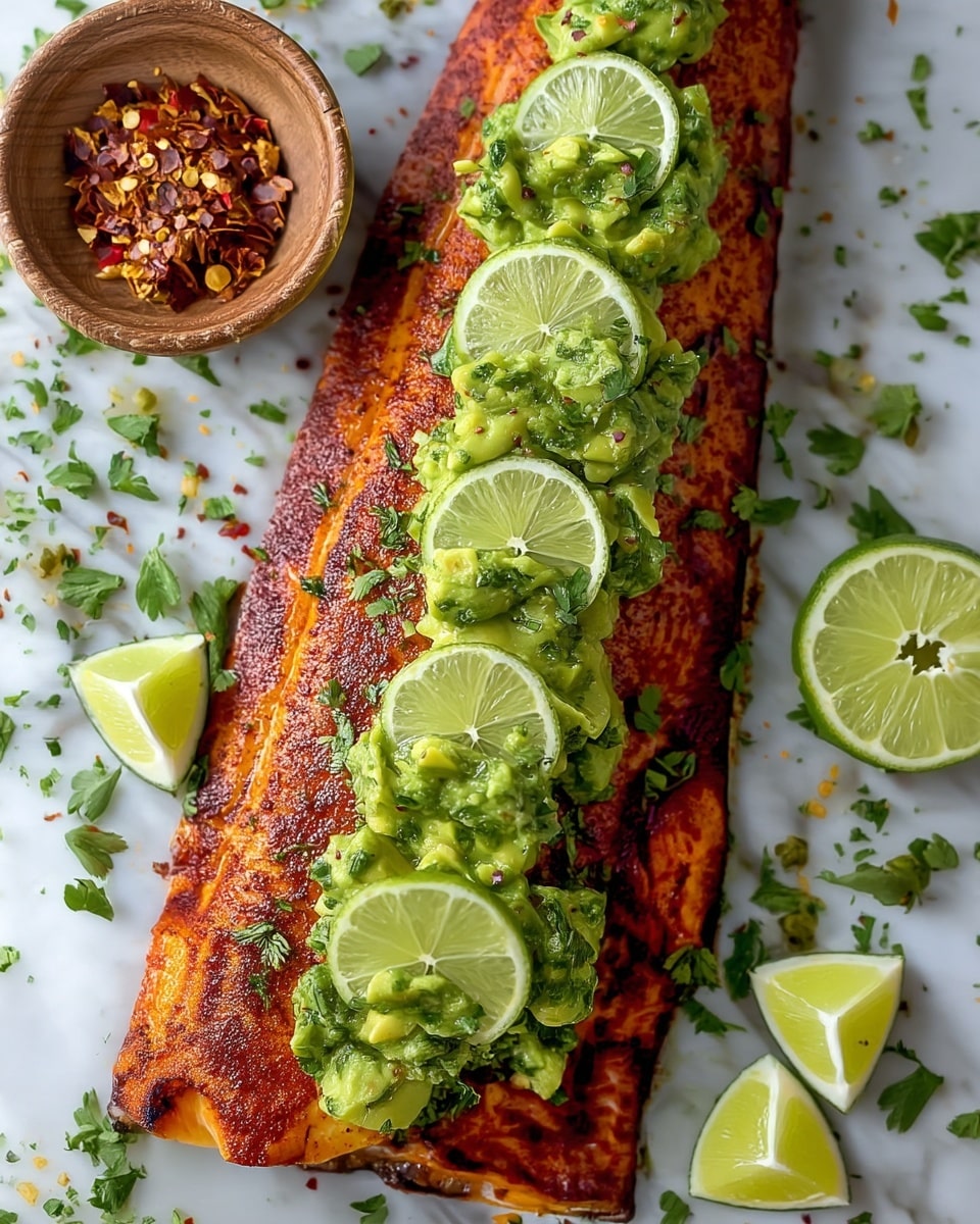 A large piece of cooked salmon with a crispy, dark orange skin lies flat on shiny foil with slightly burnt edges, topped with chunky green avocado salsa mixed with small bits of herbs. The salsa is piled in the center of the salmon and garnished with fresh green cilantro pieces scattered around. Near the salmon, several lime wedges are placed on the white marbled surface, adding bright yellow-green highlights to the scene. photo taken with an iphone --ar 4:5 --v 7