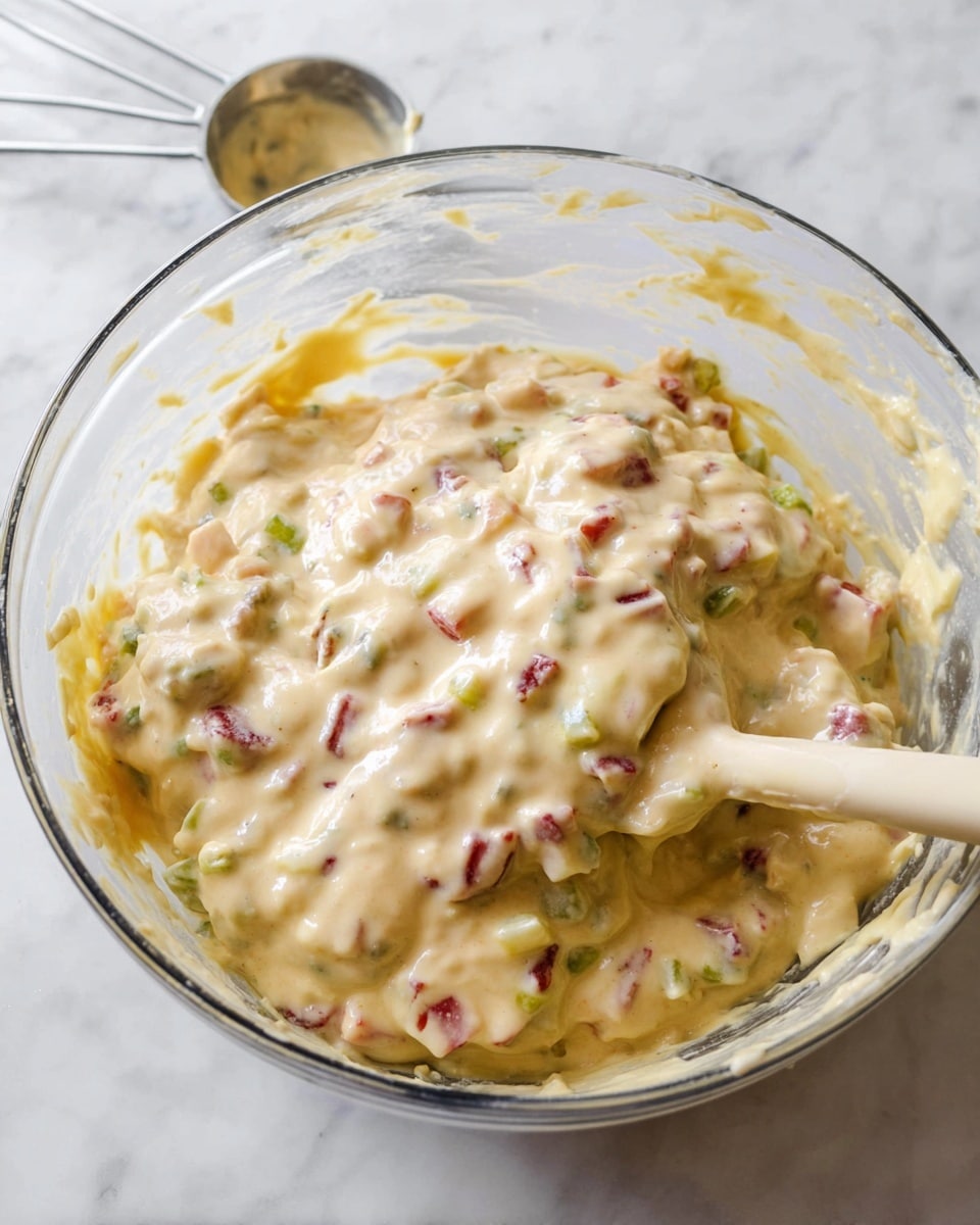 A clear glass bowl filled with thick, creamy batter mixed with small chunks of red and green fruit pieces evenly spread throughout. The batter is pale yellow, smooth but thick in texture, with bits of fruit adding color contrast. A beige spatula is partially submerged in the mixture, lifting some of the thick batter. The bowl rests on a white marbled surface, and a metal measuring scoop is visible in the background. Photo taken with an iphone --ar 4:5 --v 7