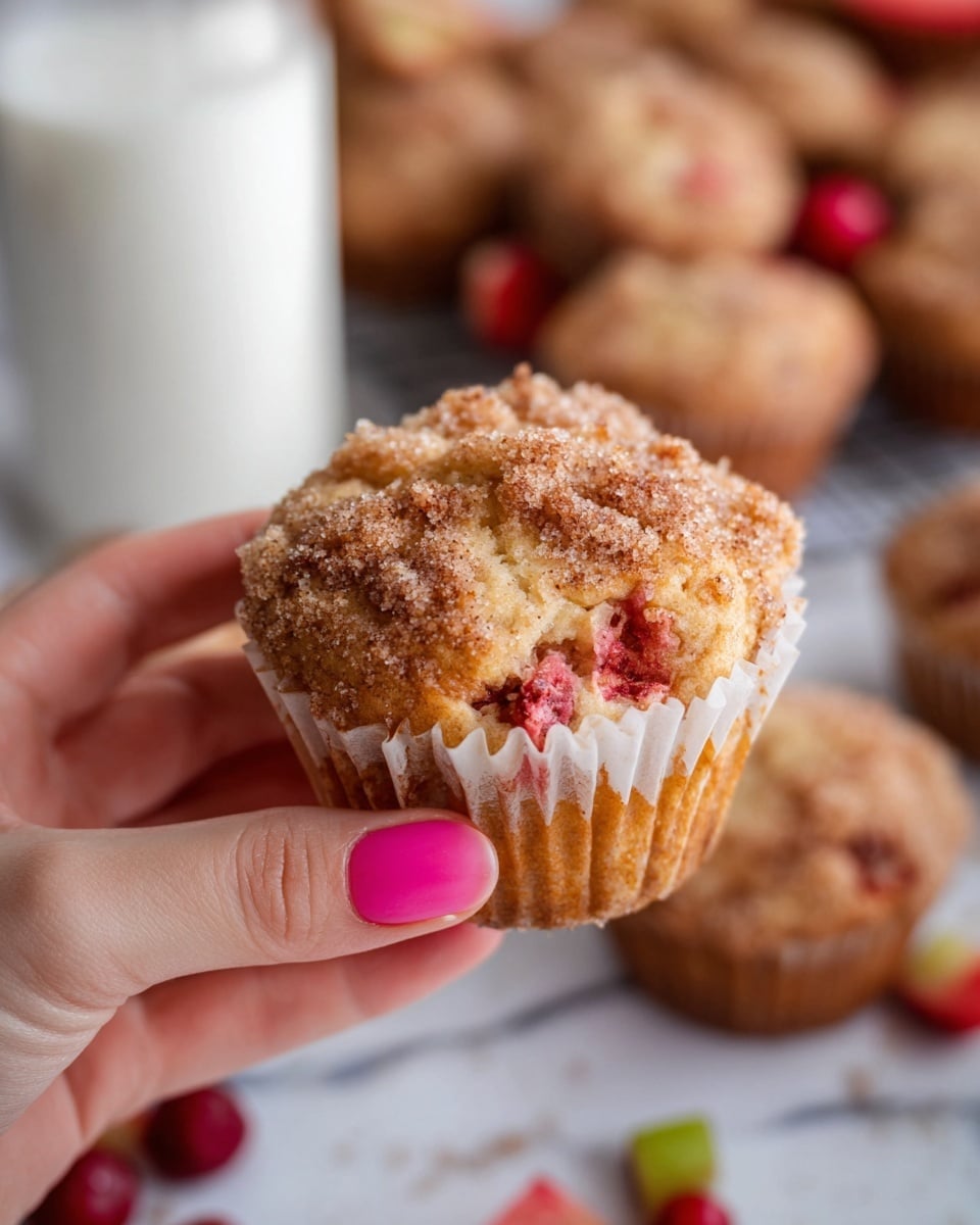A small muffin held by a woman's hand with pink nail polish, showing a crumbly light brown sugar and cinnamon crust on top, dotted with bits of red fruit inside the pale golden soft muffin base. The muffin wrapper is white and slightly ruffled around the edges. In the blurred background, more muffins sit on a white marbled surface along with scattered pieces of red and green fruit and a glass of milk. Photo taken with an iphone --ar 4:5 --v 7